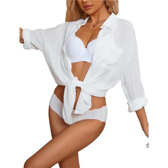 Swimsuit Coverup for Women Long Sleeve Bathing Suit Cover Up Swimwear ButtonDown - Picture 1 of 7